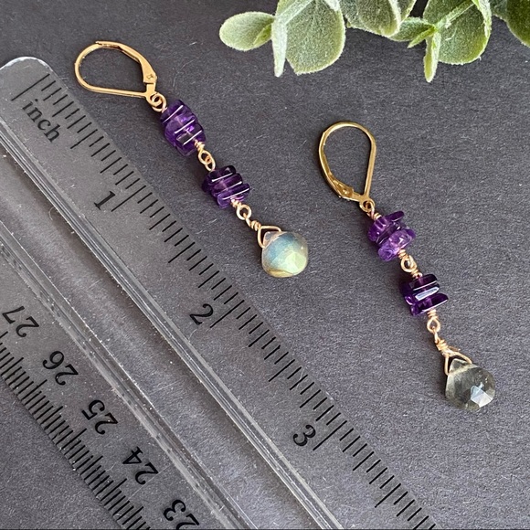 Amethyst Labradorite Dangle Earrings 14k Gold Filled Leverback - Picture 4 of 6